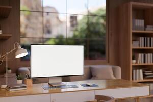 A contemporary wooden office features a computer mockup, a sofa, and a bookshelf in the room. photo