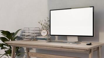 un neutral minimalista oficina espacio de trabajo con un ordenador personal computadora en un rústico de madera mesa. foto