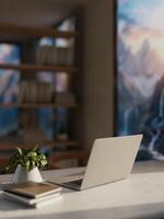 A close-up image of a laptop computer on a white desk in a modern home office or private office. photo
