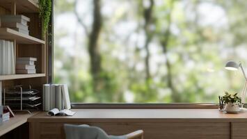 A presentation space on a wooden desk against the window in a cozy, contemporary home office room. photo