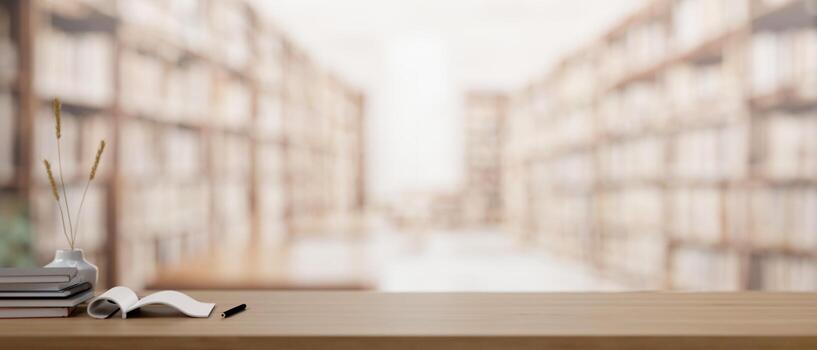 A wooden table features a presentation space with a blurred library in the background. photo