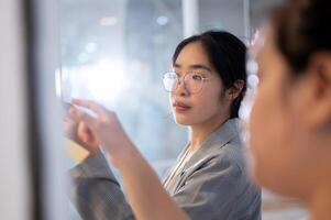 A businesswoman brainstorming and reading some ideas on sticky notes on a glass wall with her team. photo