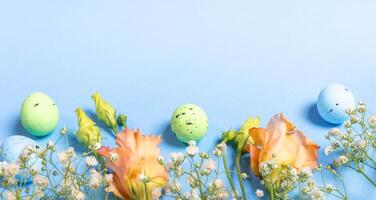 Pastel decorative eggs, delicate fresh flowers on light blue backdrop. Holiday Easter card template. photo
