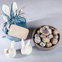 Easter gift bag with bunny ears, blank note, white ceramic bunnies, bowl full of quail eggs on gray. photo