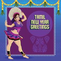 tamil nuevo año saludos con un niña ejecutando gente danza en tradicional antecedentes vector