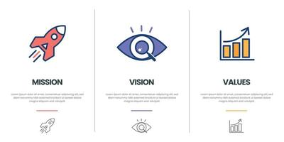 Mission vision values infographic banner template company goal infographic design with flat icon vector