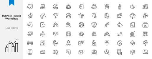 Business training and workshop icon collection. Training, coaching, mentoring, education, meeting, conference, teamwork, problem solving icon set. Business Workshop line icons set. vector