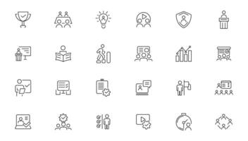 Business training and workshop icon collection. Training, coaching, mentoring, education, meeting, conference, teamwork, problem solving icon set. Business Workshop line icons set. vector