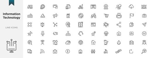 Information technology line icons collection. Devices, internet, server, data, network icons. UI icon set. Data center, web site, social media, seo business, e-commerce, support, computer and mobile. vector