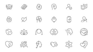 Psychology and mental line icons collection. Containing depression, bipolar, PTSD, panic and mind disorder icons. Thin outline icons pack vector