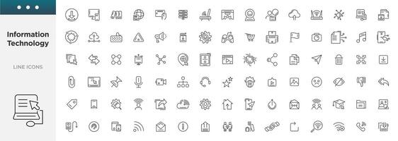 Information technology line icons collection. Devices, internet, server, data, network icons. UI icon set. Data center, web site, social media, seo business, e-commerce, support, computer and mobile. vector