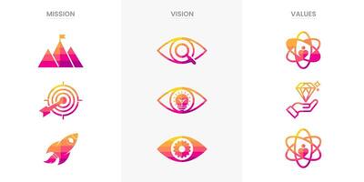 Mission vision values infographic banner template company goal infographic design with flat icon vector