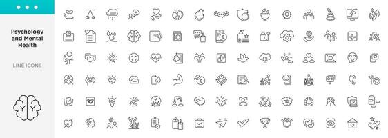 Psychology and mental line icons collection. UI icon set in flat line design. Containing depression, bipolar, PTSD, panic and mind disorder icons. Thin outline icons pack vector