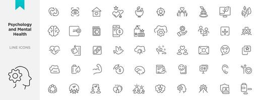 Psychology and mental line icons collection. UI icon set in flat line design. Containing depression, bipolar, PTSD, panic and mind disorder icons. Thin outline icons pack vector
