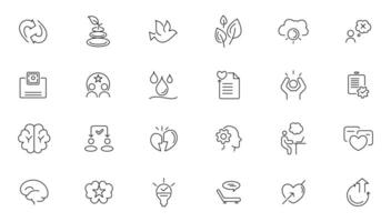 Psychology and mental line icons collection. UI icon set in flat line design. Containing depression, bipolar, PTSD, panic and mind disorder icons. Thin outline icons pack vector