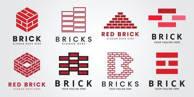 set bundle red brick, pile and stack balance bricks logo illustration design template product vector