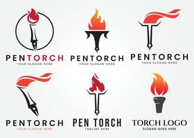 set bundle Fire torch logo illustration design, line art logo minimalist vector