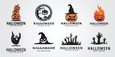 set bundle halloween logo icon design inspiration with tree and moon illustration vector