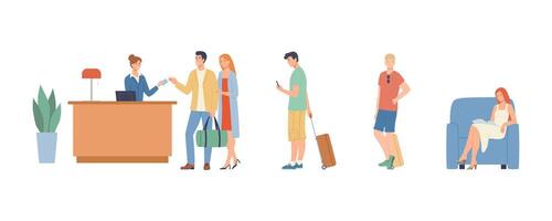 The lobby with the tourists in the queue. modern illustration. vector