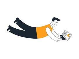 Man in free flight with laptop, flat illustration. The concept of business, career and investment. vector