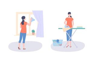 Happy woman washes window and irons clothes, housework, housekeeper services. Flat illustration. vector
