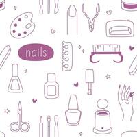 Seamless manicure pattern in doodle style, . A repeating background with nail polish, tools, hands and other objects. vector