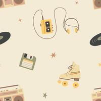 Seamless pattern of objects from the past, roller skates, vinyl record, tape recorder, music player and other. Retro style background for your design, hand-drawn illustration. vector