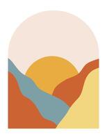 Abstract boho mountains landscape with blue river and minimalist sun in the mid century arche. Modern terracotta and yellow illustration. vector