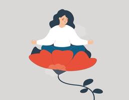 Happy woman practicing yoga and sitting in lotus pose inside a big flower. Female girl meditates, inhales and exhales to get rid of stress and depression. Concept of positive body and mental health. vector