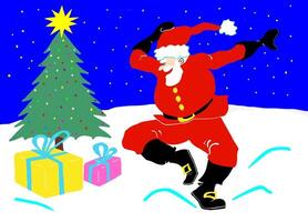 saint claus dancing on snow in front of the tree and the gift packages photo