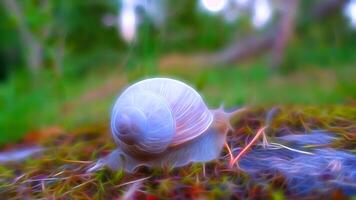 Digital painting style representing a snail wandering in the woods after the rain photo