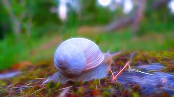 digital pintura estilo representando un caracol errante en el bosque después el lluvia foto