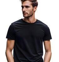 Young model shirt mockup Boy in black tee on white background photo
