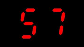 60 seconds countdown timer digital animation from 60 to 0 seconds with red numbers on black background, suitable for concepts of time, technology, urgency, and deadlines video