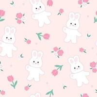 Seamless pattern with cute fluffy bunnies and flowers. graphics vector