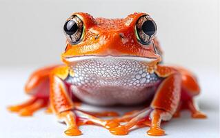 A colorful frog sitting on top of a green leaf photo