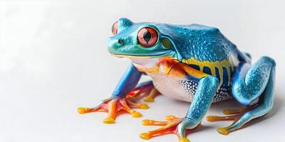 A colorful frog sitting on top of a green leaf photo