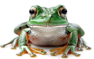 A colorful frog sitting on top of a green leaf photo