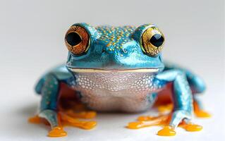 A colorful frog sitting on top of a green leaf photo