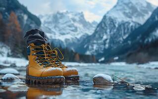 Hiking hiker traveler landscape adventure nature outdoors sport background panorama - Close up of feets with hiking shoes from a man or woman walking in the river photo