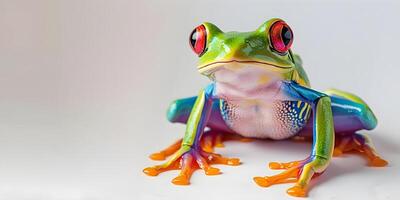 A colorful frog sitting on top of a green leaf photo