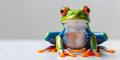 A colorful frog sitting on top of a green leaf photo