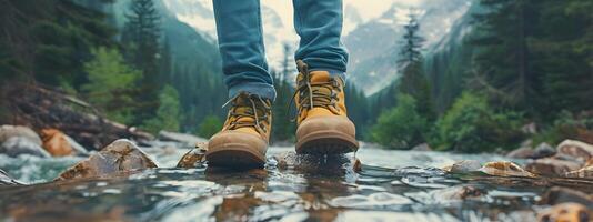 Hiking hiker traveler landscape adventure nature outdoors sport background panorama - Close up of feets with hiking shoes from a man or woman walking in the river photo