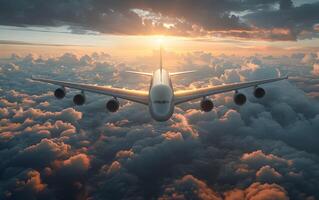 comercial avión tomando apagado dentro vistoso cielo a puesta de sol. paisaje con blanco pasajero aeronave, púrpura cielo con rosado nubes de viaje por avión foto