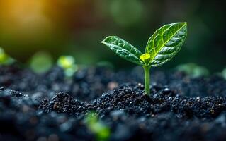 Closeup of growing little green sprout appearing from the ground soil photo