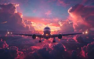 Commercial airplane taking off into colorful sky at sunset. Landscape with white passenger aircraft, purple sky with pink clouds. Travelling by plane photo