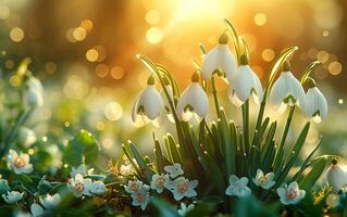 colorful spring background with snowdrops photo