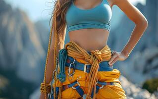 Close up of a sporty slim pretty woman with climbing harness, rope and carabiner for security, climbing on a rock in the mountains photo