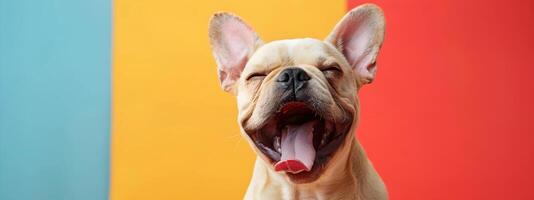 French bulldog dog that has opened its mouth and sticks out its tongue photo