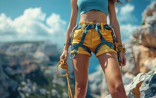 Close up of a sporty slim pretty woman with climbing harness, rope and carabiner for security, climbing on a rock in the mountains photo